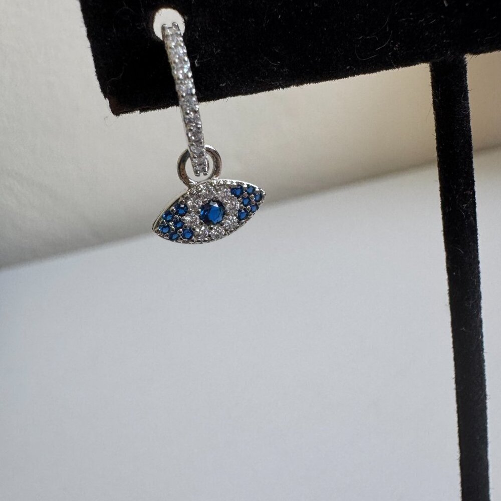 925 Sterling Silver Evil Eye Hoop Earrings – Blue & White Cubic Zirconia - Picture 3 of 8